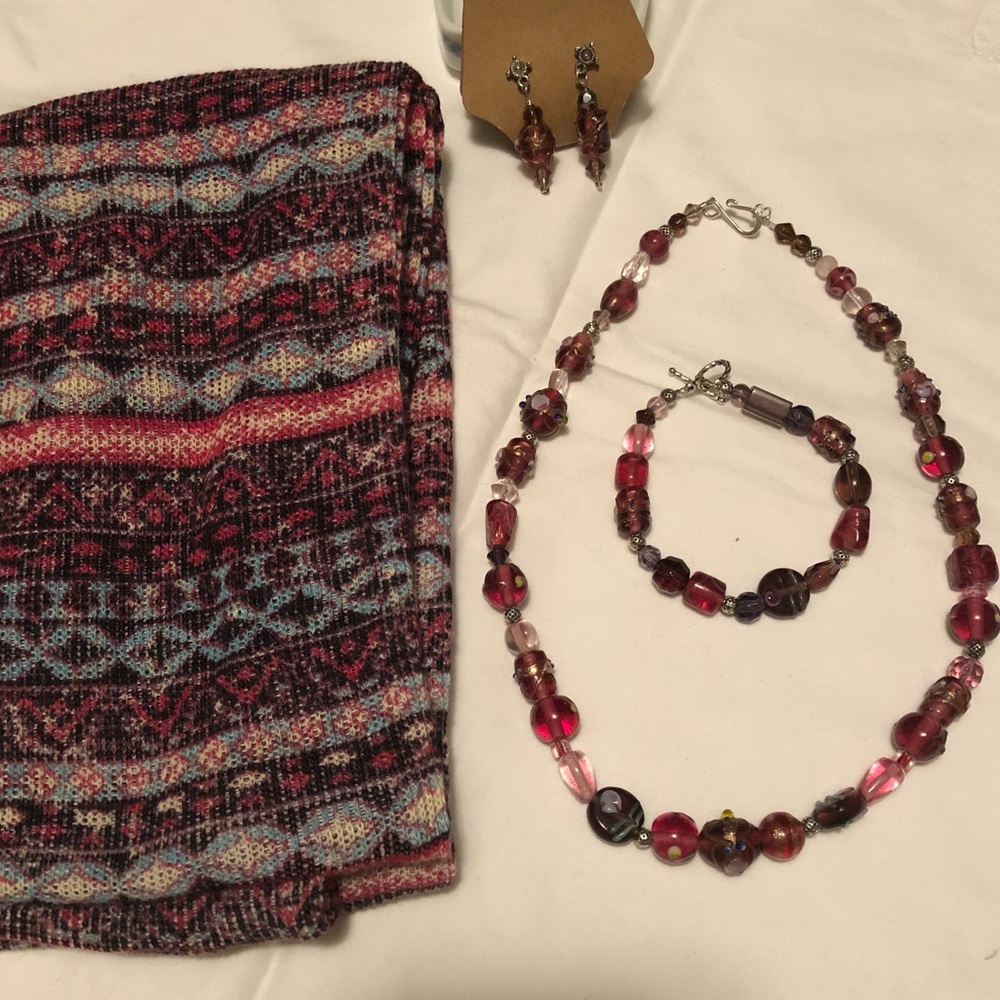 Handmade jewelry set and scarf:  millefiori beads